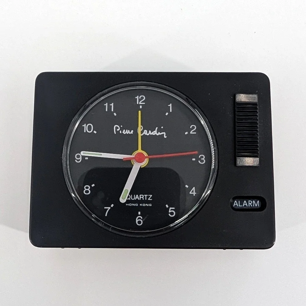 1970s Pierre Cardin Alarm Clock Black Quartz Analog Vintage Minimalist 3.25